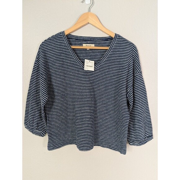 NWT Madewell Nordstrom Navy White Stripe Puff Sleeve Top Small - Picture 3 of 9